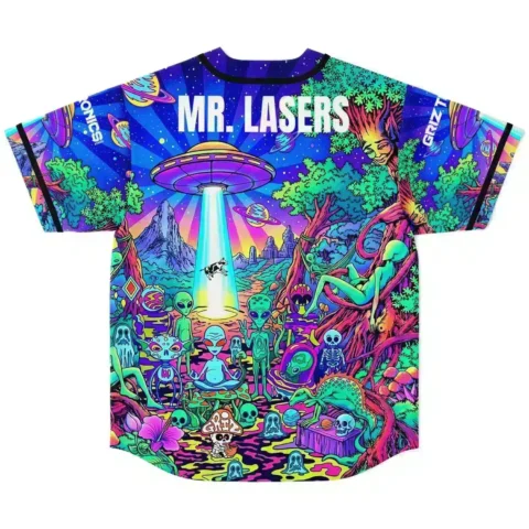 Jersey back with psychedelic alien forest, UFO beam, and readable “MR. LASERS” text, laid flat