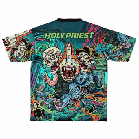 Back view of football jersey featuring vibrant skulls and bold text.