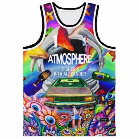 Front view featuring a neon surreal rainbow collage with car, mushrooms, eyes, and ATMOSPHERE text