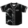 Black electric lightning-pattern jersey front view with silver trim and buttons on white background