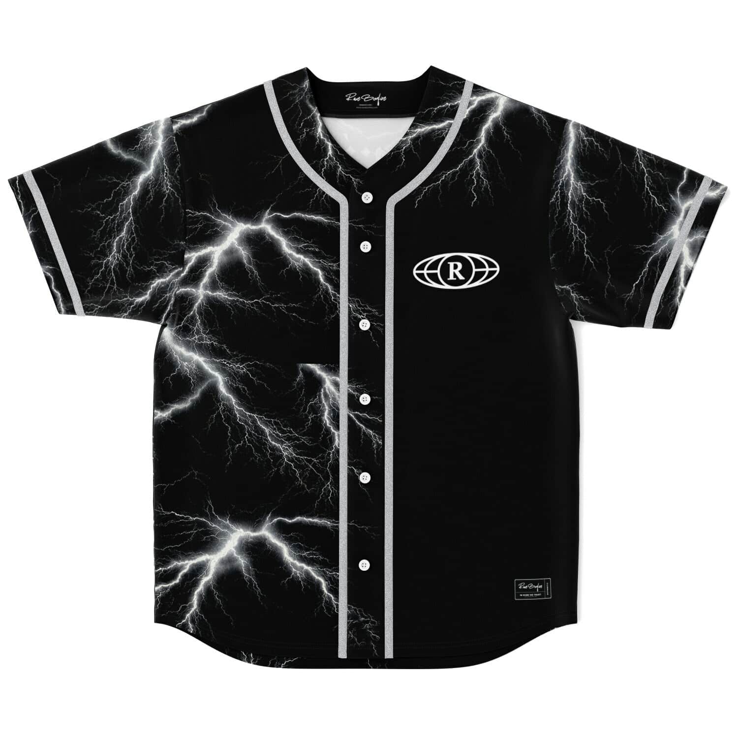 Black electric lightning-pattern jersey front view with silver trim and buttons on white background