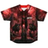 Dark fantasy beast print jersey front with red-black castle scene and readable RIOT TEN text