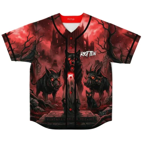 Dark fantasy beast print jersey front with red-black castle scene and readable RIOT TEN text