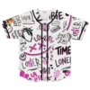 Front view of white hand-drawn doodle pattern featuring “LOWLIFE,” “LOVESICK LULLABY,” skulls, and pink accents