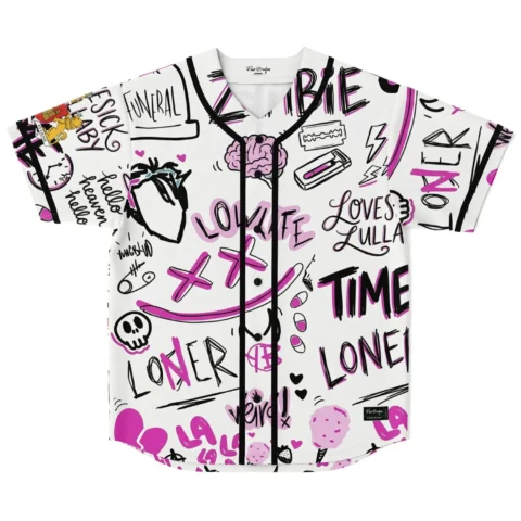 Front view of white hand-drawn doodle pattern featuring “LOWLIFE,” “LOVESICK LULLABY,” skulls, and pink accents