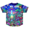GRiZ fan rave baseball jersey back view — neon psychedelic alien forest with a UFO beam and custom name text