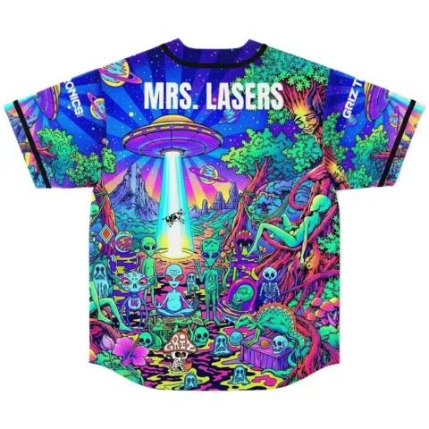 Psychedelic alien forest back view featuring a UFO beam and readable text “MRS. LASERS”
