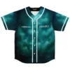 Front view teal smoky cloud jersey with white trim, buttons, “Collaborator” and “ANAIRO” text
