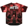 Dark fantasy beast print jersey back with RIOT TEN and glowing-eyed creatures before haunted castle