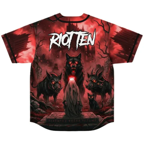 Dark fantasy beast print jersey back with RIOT TEN and glowing-eyed creatures before haunted castle