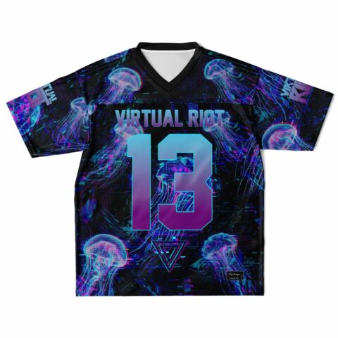 Black football jersey with vibrant jellyfish design and holographic text.