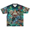 Colorful skull and monster rave football jersey, front view with bright graphic design
