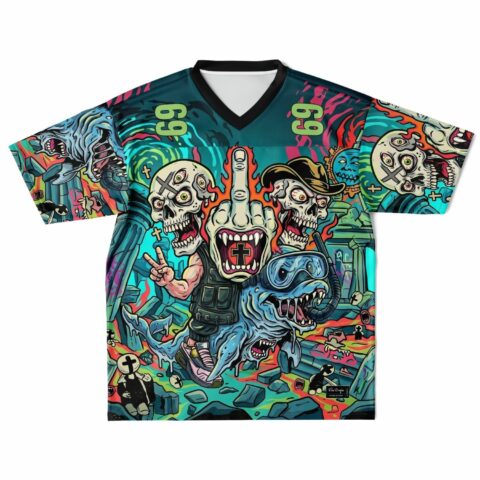 Colorful football jersey with skull and monster graphic design.