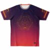 Armin van Buuren fan rave soccer jersey, flat front view: purple-to-coral sunset gradient with a gold geometric emblem on the chest and A State of Trance sleeves