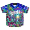 GRiZ fan psychedelic alien forest rave baseball jersey with UFO, colorful aliens and oversized white lettering, front view laid flat