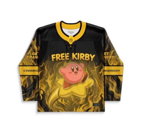 Black-and-gold flame pattern with pink cartoon-style character and star, front view