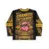 Black-and-gold flame pattern with pink DJ-inspired cartoon character, speakers and turntables, back view
