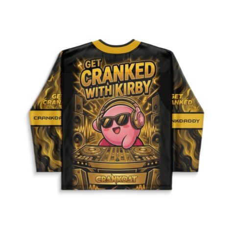 Black-and-gold flame pattern with pink DJ-inspired cartoon character, speakers and turntables, back view