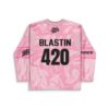 Pink liquid marble rave jersey back view with bold black “BLASTIN 420” lettering for festivals