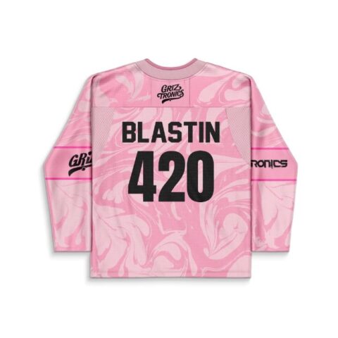 Pink liquid marble rave jersey back view with bold black “BLASTIN 420” lettering for festivals