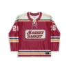 Maroon retro grocery jersey front view with lace-up collar, striped trim, grocery-style lettering, and 26