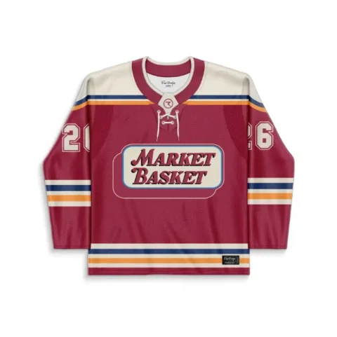 Maroon retro grocery jersey front view with lace-up collar, striped trim, grocery-style lettering, and 26
