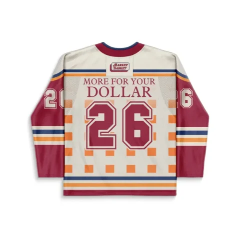 Retro grocery jersey back view with maroon sleeves, stripes, “MORE FOR YOUR DOLLAR,” and 26