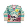 Cream teal abstract swirl jersey featuring a human skull, hummingbirds, and roses, front view