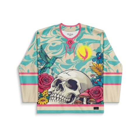 Cream teal abstract swirl jersey featuring a human skull, hummingbirds, and roses, front view