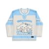 Blue-and-cream kawaii cartoon puppy illustration on a lace-up hockey jersey, front view