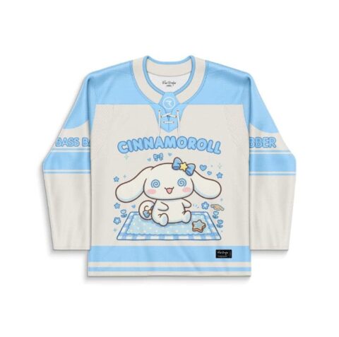 Blue-and-cream kawaii cartoon puppy illustration on a lace-up hockey jersey, front view