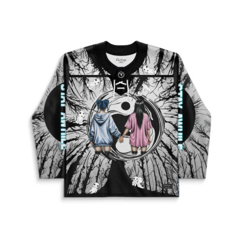 Anime-inspired yin-yang forest design with two figures and ghostlike creatures, front view