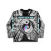 Anime-inspired yin-yang forest design with neon figures and “I'M HAPPY YOU'RE HERE” text, back view
