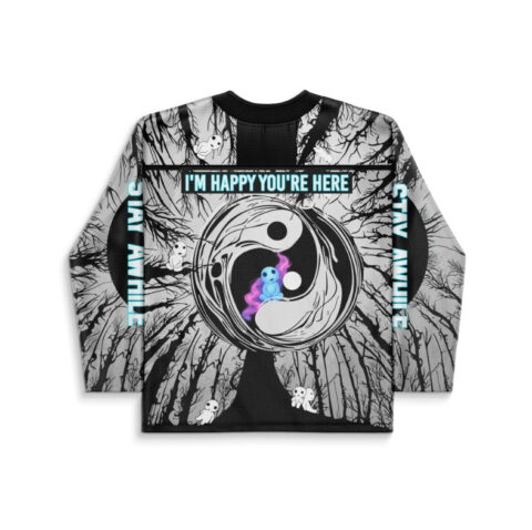 Anime-inspired yin-yang forest design with neon figures and “I'M HAPPY YOU'RE HERE” text, back view