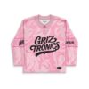 Pink liquid marble rave jersey front view with bold black festival-themed lettering and lace-up collar