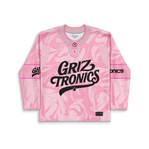 Pink liquid marble rave jersey front view with bold black festival-themed lettering and lace-up collar