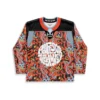 Psychedelic mushroom and tentacle pattern with bold white lettering, front view on a jersey