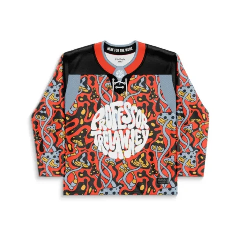 Psychedelic mushroom and tentacle pattern with bold white lettering, front view on a jersey