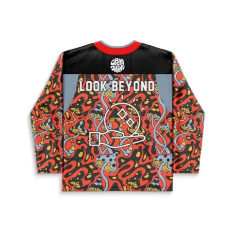 Psychedelic mushroom and tentacle pattern with “LOOK BEYOND” text, back view on a jersey