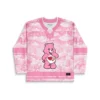 Pink pastel cloud-patterned jersey front featuring a cute cartoon bear holding heart shapes