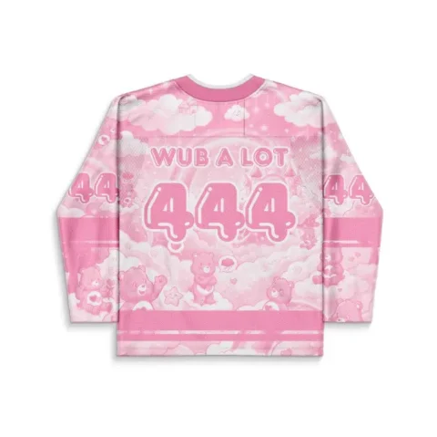 Pink pastel cloud-patterned jersey back with “WUB A LOT,” 444 numerals, and cute cartoon details