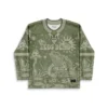 Front view of olive psychedelic nature pattern with mushrooms, frog, and cosmic motifs