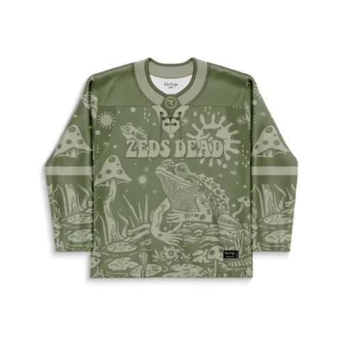 Front view of olive psychedelic nature pattern with mushrooms, frog, and cosmic motifs