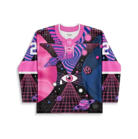Front view of pink psychedelic space design with swirling planets, eye motif, and neon grid