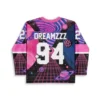 Back view of psychedelic space design featuring DREAMZZ text, number 94, planets, and neon grid