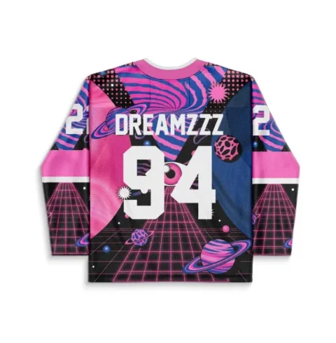 Back view of psychedelic space design featuring DREAMZZ text, number 94, planets, and neon grid