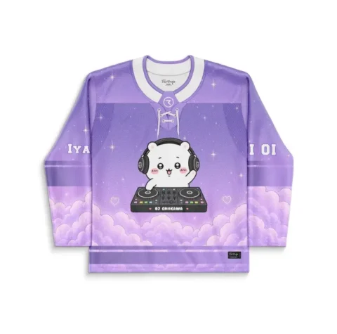 Lavender purple kawaii DJ bear design with stars and clouds, front view festival jersey