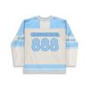 Blue-and-cream cartoon jersey back featuring oversized 888 numerals and striped sleeves, back view