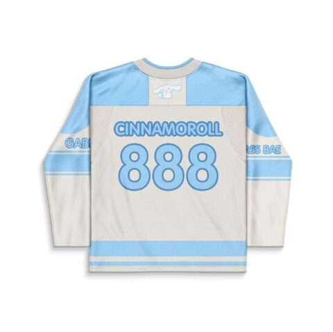 Blue-and-cream cartoon jersey back featuring oversized 888 numerals and striped sleeves, back view