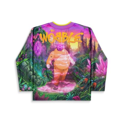 Back-view fantasy jungle cityscape featuring a glowing cartoon-style orange creature and upside-down lettering